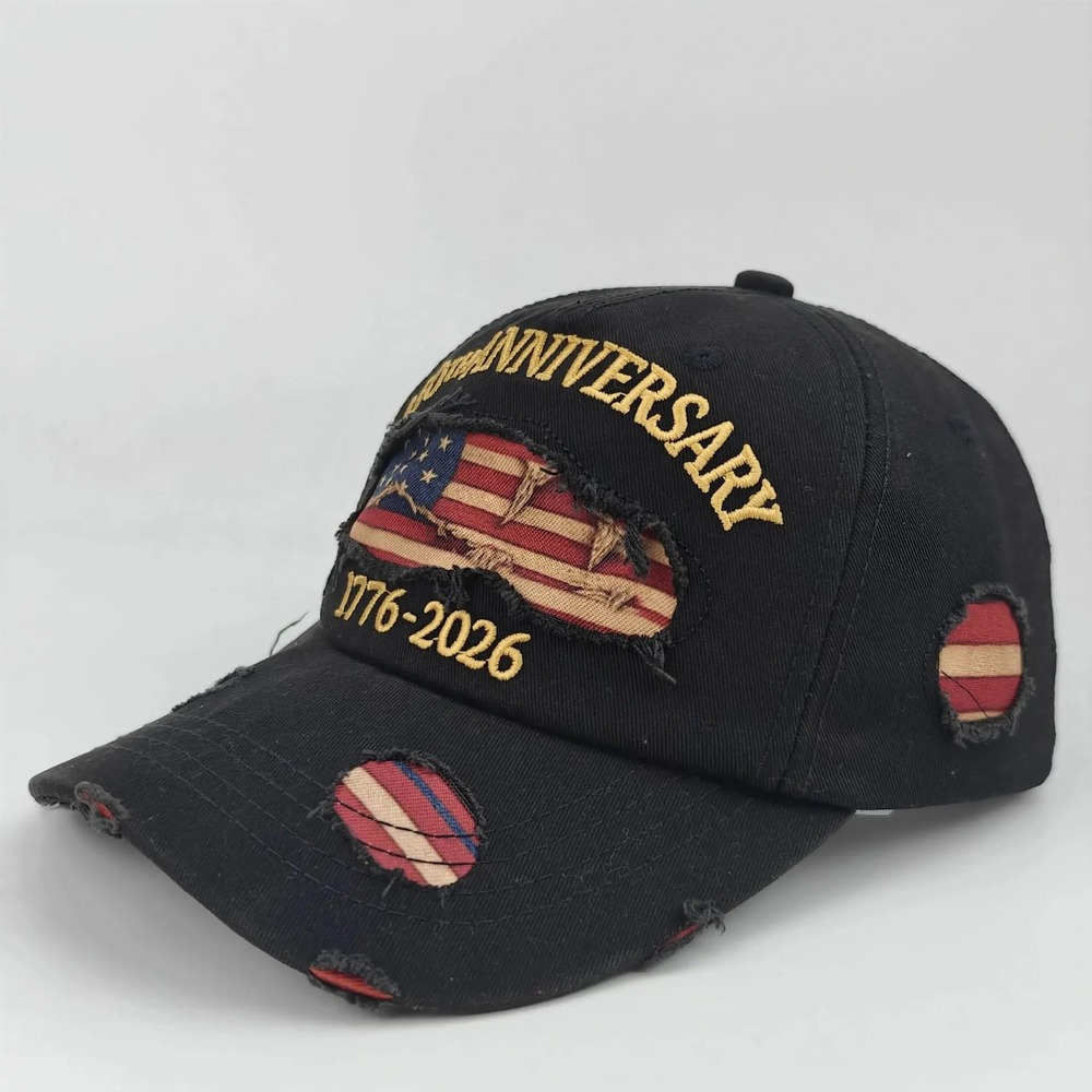 USA 250th Anniversary 1776-2026 Distressed Hat Black American Flag Baseball Cap